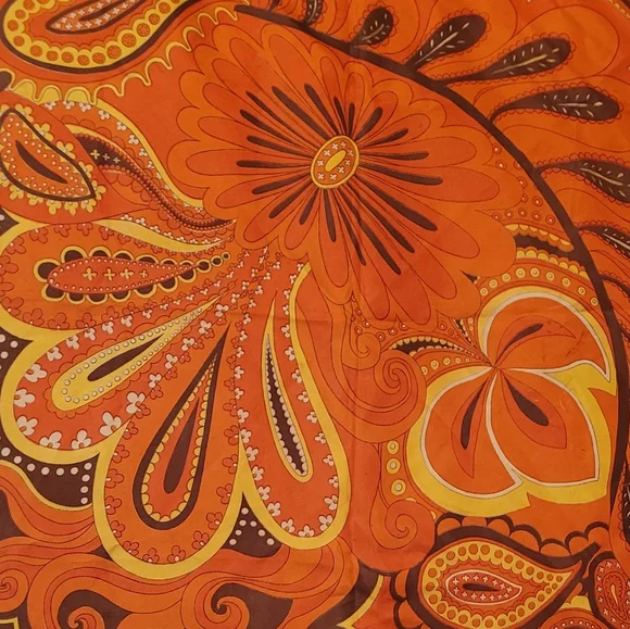 2/$12 Vintage 70's Brown, Orange and Yellow 100% Silky Polyester Scarf - Picture 4 of 5
